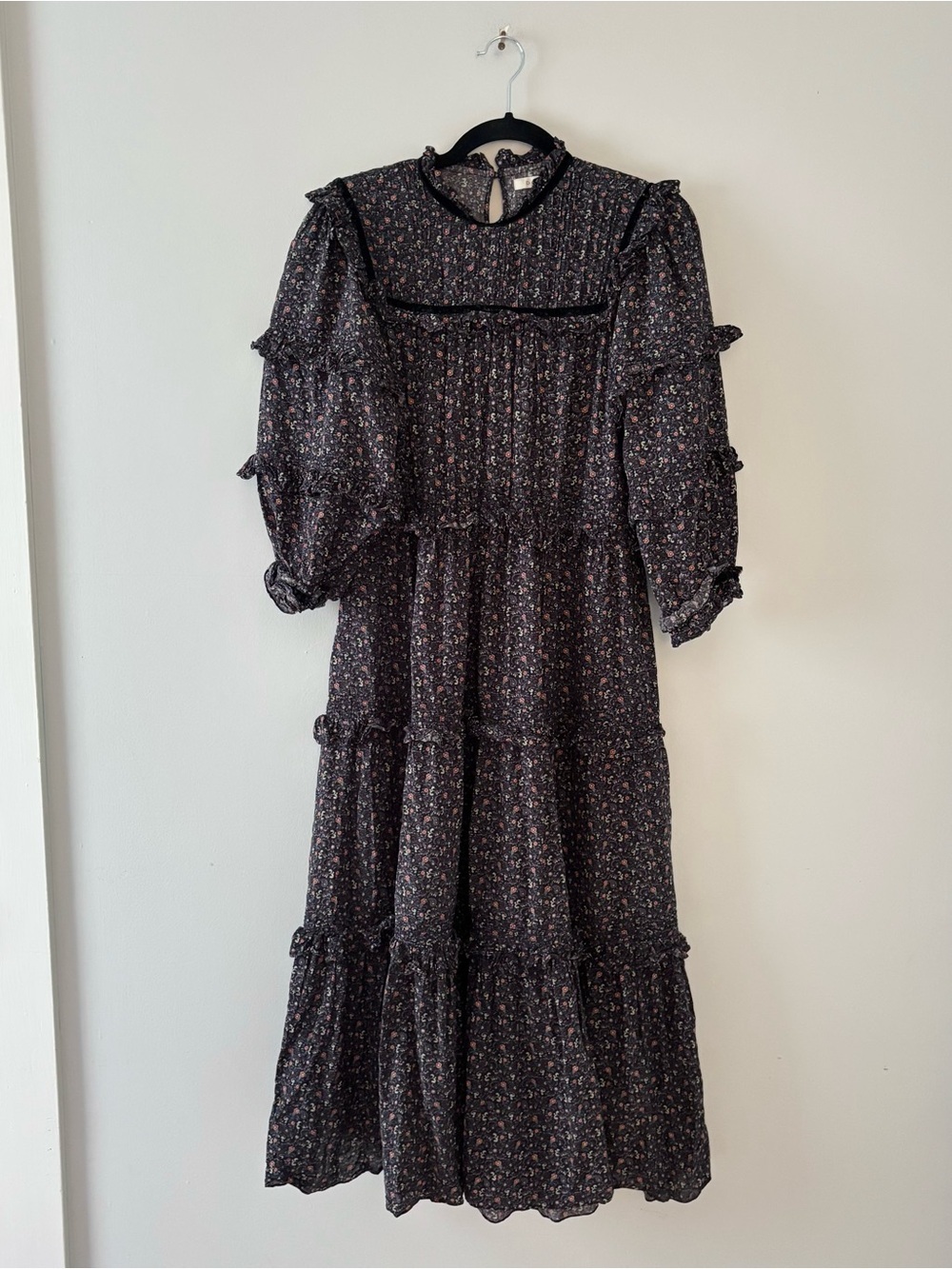 Doen Clay Dress in Black Mafia Maxi 3/4 Puff Sleeves Floral Print Tiered Ruffle - Picture 4 of 10